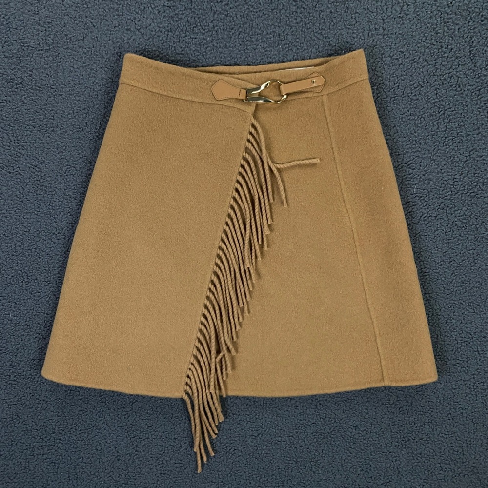 Sandro Luciana Fringe Mini Skirt size O Wool Wrapover Mini Camel - Picture 2 of 12